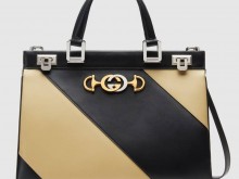 Gucci/古驰 564714 Zumi系列 黑色/米色斜纹印花 中号手提包